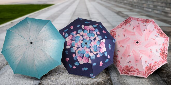 Větruodolný deštník s motivem kapek, růží i listí