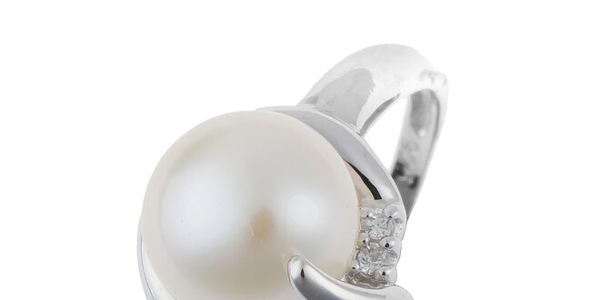 Dámský stříbrný prsten s bílou perlou a zirkony Orchira