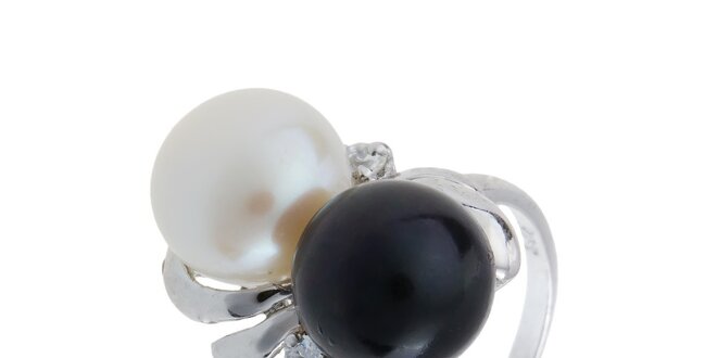 Dámský stříbrný prsten s bílou a černou perlou Orchira