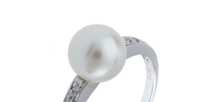 Dámský stříbrný prsten s bílou perlou a zirkony Orchira