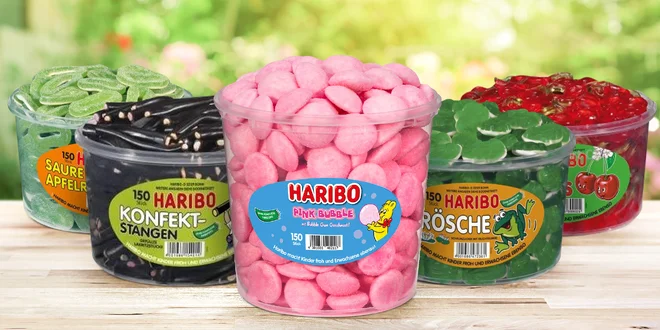 Velké dózy plné bonbonů Haribo, až 1500 g