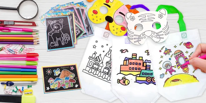 Stírací obrázky, tašky, masky i sukně k vymalování