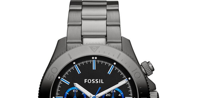 Pánské kovově šedé analogové hodinky s modrými detaily Fossil