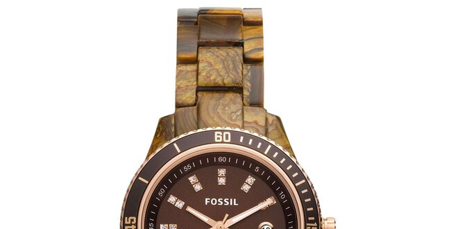 Dámské jantarovo-hnědé hodinky se zirkony Fossil