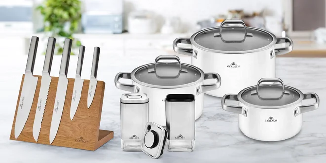 Dózy, termoska i sady nožů, hrnců, příborů a pánví