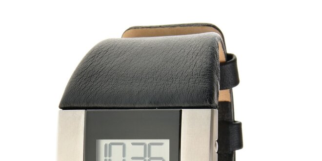 Pánské černo-stříbrné digitální hodinky Danish Design s černým koženým páskem