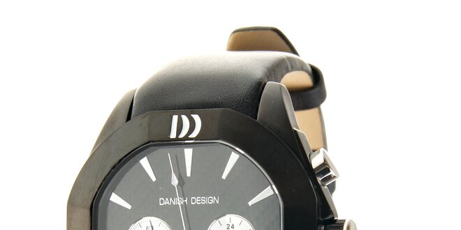 Černé ocelové hodinky Danish Design s černým koženým páskem