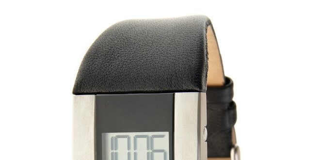 Dámské černo-stříbrné digitální hodinky Danish Design s černým koženým řemínkem