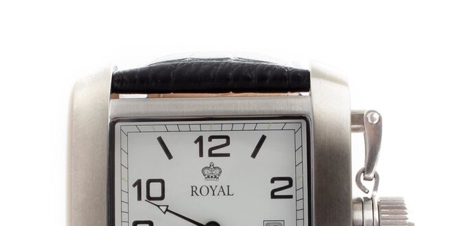 Ocelové hranaté hodinky s koženým řemínkem Royal London