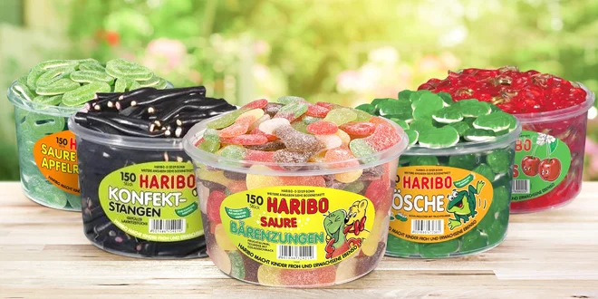 Velké dózy plné bonbonů Haribo, až 1500 g