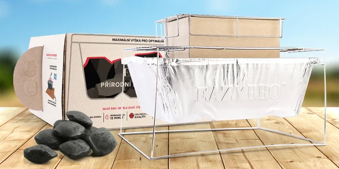 Jednorázový stolní gril i balení dřevěného uhlí