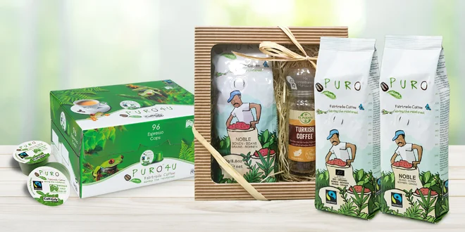 Balení fair trade kávy: zrnková i bez kofeinu