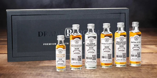 Degustační sada šesti světových rumů či whisky