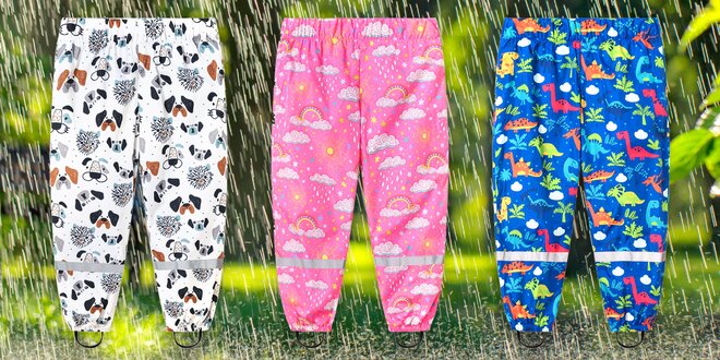 Dětské kalhoty do deště: s pandami, duhou i pejsky