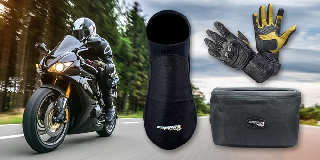 Kukla, brašna na řídítka i rukavice pro motorkáře