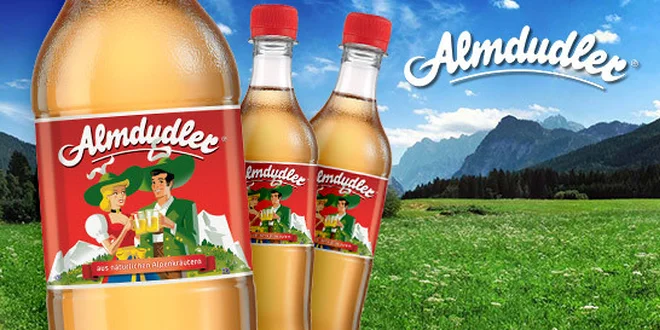 Balení 12 půllitrových Almdudlerů
