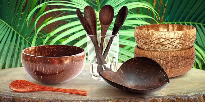Kokosové misky i příbory z kokosu i z ebenu