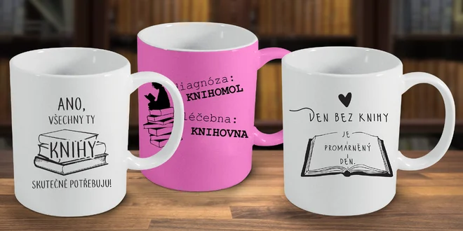 Hrníčky pro knihomoly s vtipnými texty: bílé a růžové