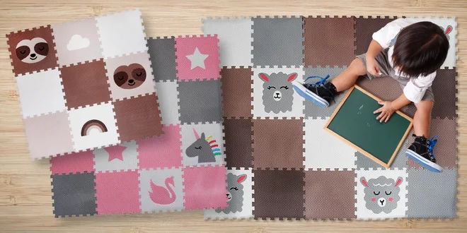 Podlaha z puzzlů: zvířátka nebo auta, 9 až 20 dílů