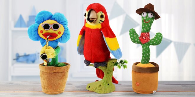 Plyšové mluvící a tančící hračky: zvířátka i kaktus