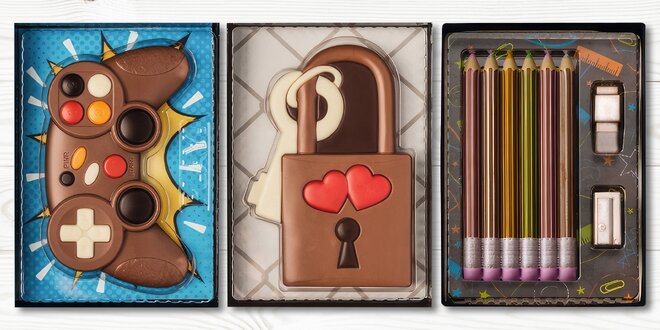 Dárky z čokolády: tužky, zámeček lásky i nářadí