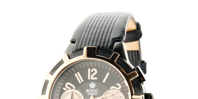 Dámské zlato-černé hodinky Royal London s černým koženým řemínkem