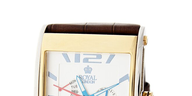 Zlato-stříbrné hodinky Royal London s hnědým koženým řemínkem