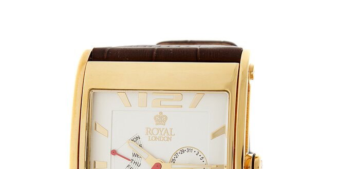 Zlaté hodinky Royal London s hnědým koženým řemínkem