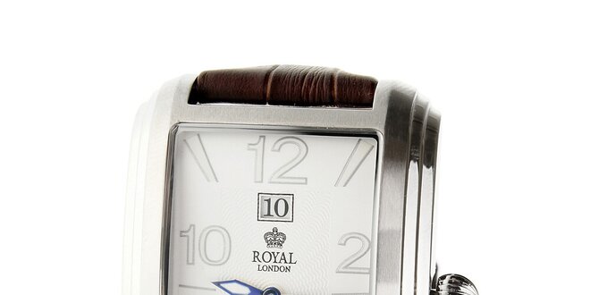 Pánské stříbrné hodinky Royal London s hnědým řemínkem
