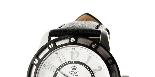 Černo-stříbrné hodinky Royal London s černým koženým řemínkem