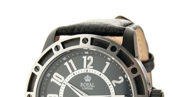 Černo-stříbrné hodinky Royal London s černým koženým řemínkem