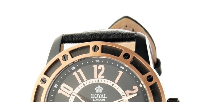 Zlato-černé hodinky Royal London s černým koženým řemínkem