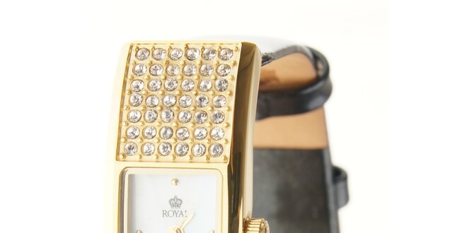 Dámské zlaté hodinky Royal London s černým řemínkem a krystaly