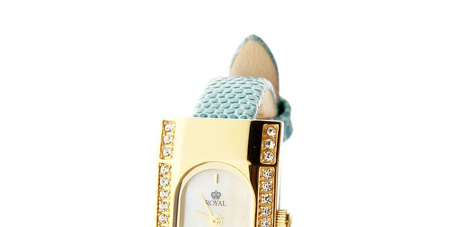 Dámské zlaté hodinky Royal London s tyrkysovým řemínkem a krystaly