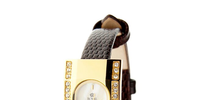 Dámské zlaté hodinky Royal London s černým řemínkem a krystaly
