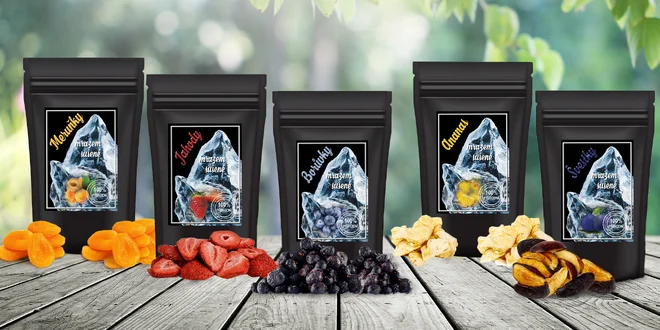 Ovoce sušené mrazem: švestky, mango, višně aj.