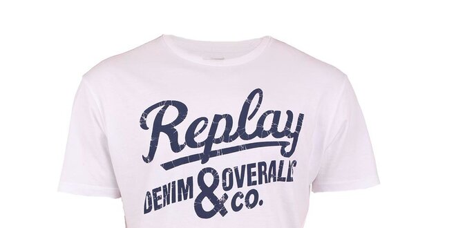 Pánské bílé triko s modrým nápisem Replay