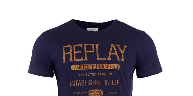 Pánské modré tričko s hořčicovým nápisem Replay