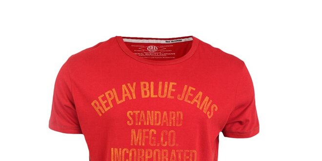 Pánské červené tričko se žlutým vintage potiskem Replay