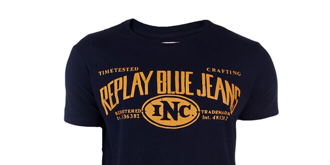 Pánské tmavě modré tričko se žlutým potiskem Replay