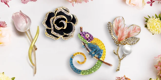 Dámské ozdobné brože s kamínky: zvířata i květiny