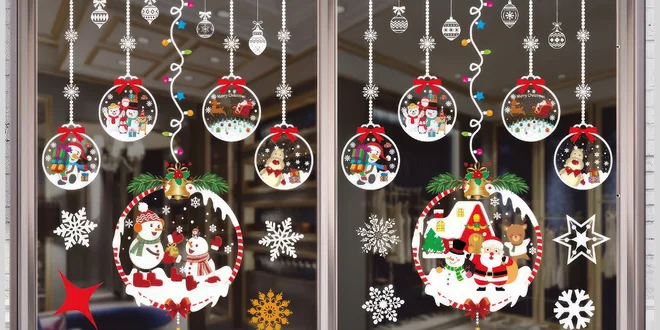 Vánoční nálepky na okno: vločky, sobi i sněhuláci