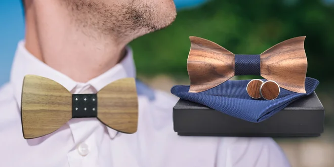 Dřevěný motýlek s kapesníčkem a knoflíčky