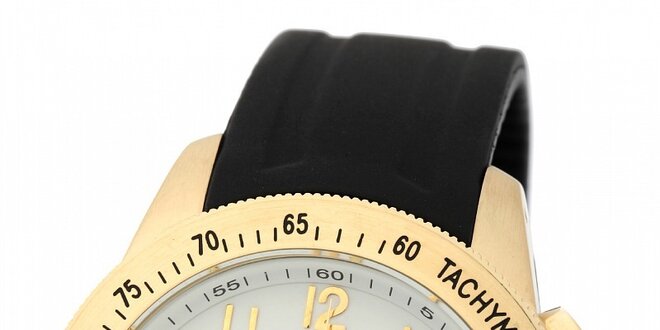 Pánské zlaté hodinky Yves Bertelin s černým pryžovým řemínkem