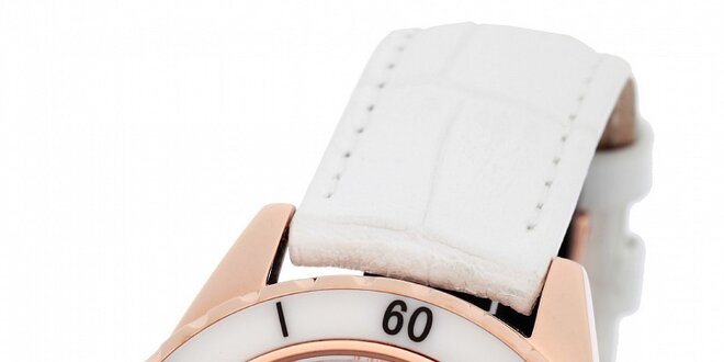 Dámské zlaté hodinky Yves Bertelin s bílým koženým řemínkem