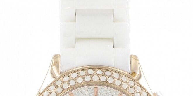 Dámské zlaté hodinky Yves Bertelin s bílým keramickým řemínkem