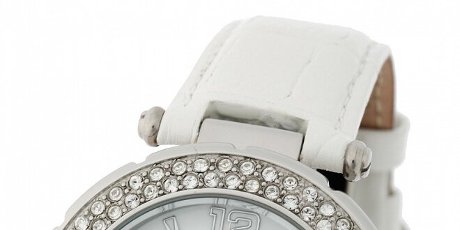Dámské ocelové hodinky Yves Bertelin s kamínky a bílým koženým řemínkem