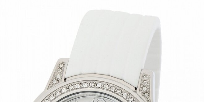 Dámské ocelové hodinky Yves Bertelin s kamínky a bílým pryžovým řemínkem