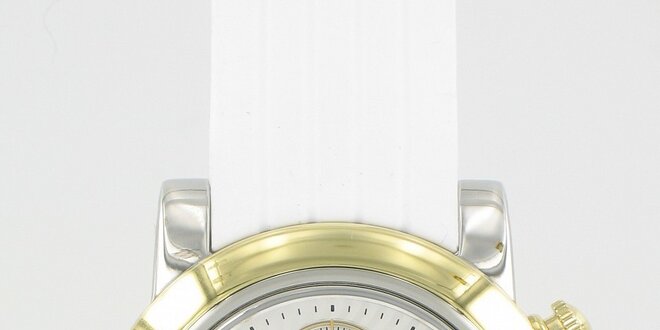Ocelové hodinky Yves Bertelin se zlatými detaily a bílým pryžovým řemínekm