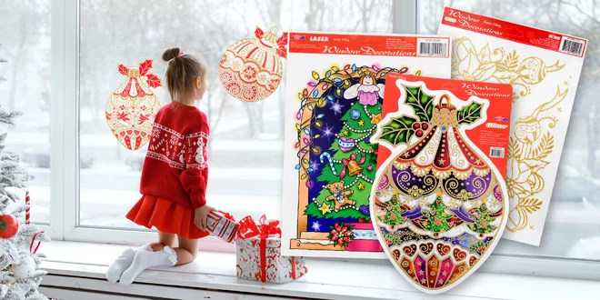 Vánoční okenní fólie s glitry: Santa, sněhulák i baňky